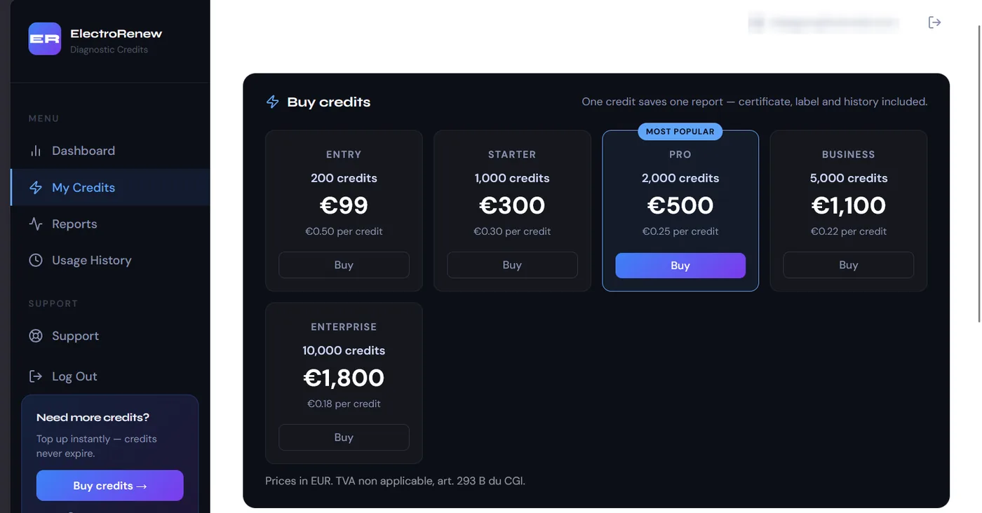 Dashboard — Buy credit packs and keep every report in one place.