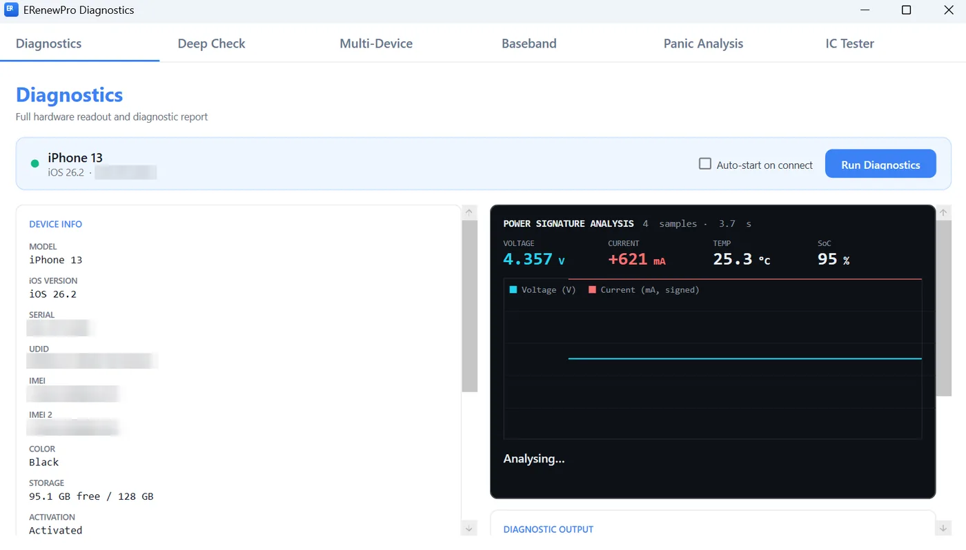 Diagnostics — Full hardware readout and live power analysis over USB.