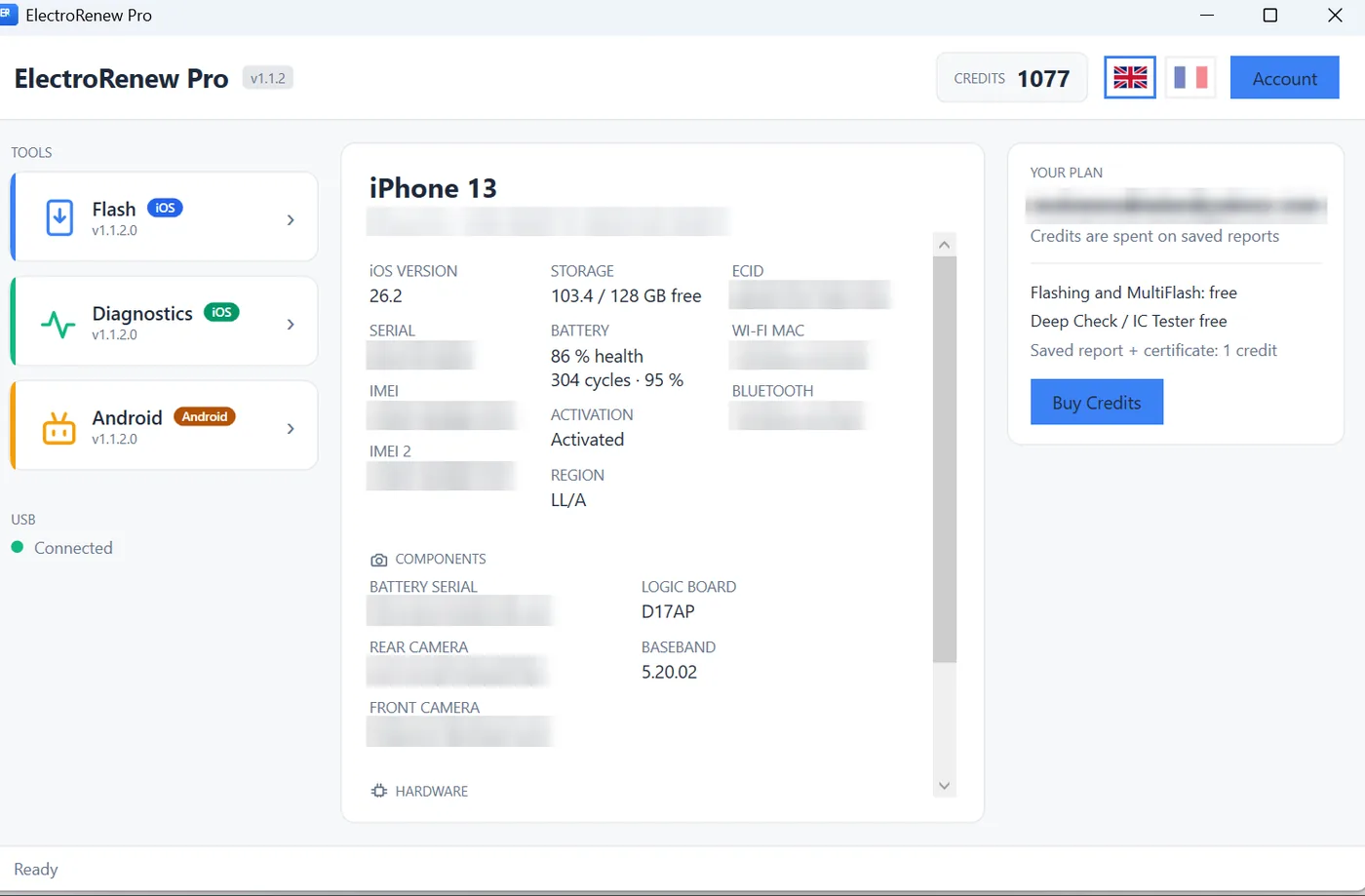 Hub — Every connected phone at a glance, with your credit balance.