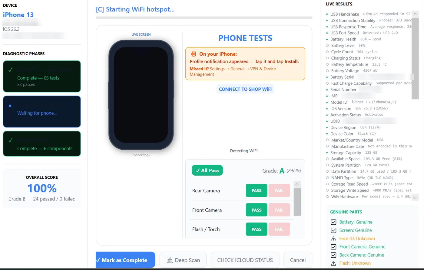 Phone tests — Camera, flash and sensor tests run on the phone itself.