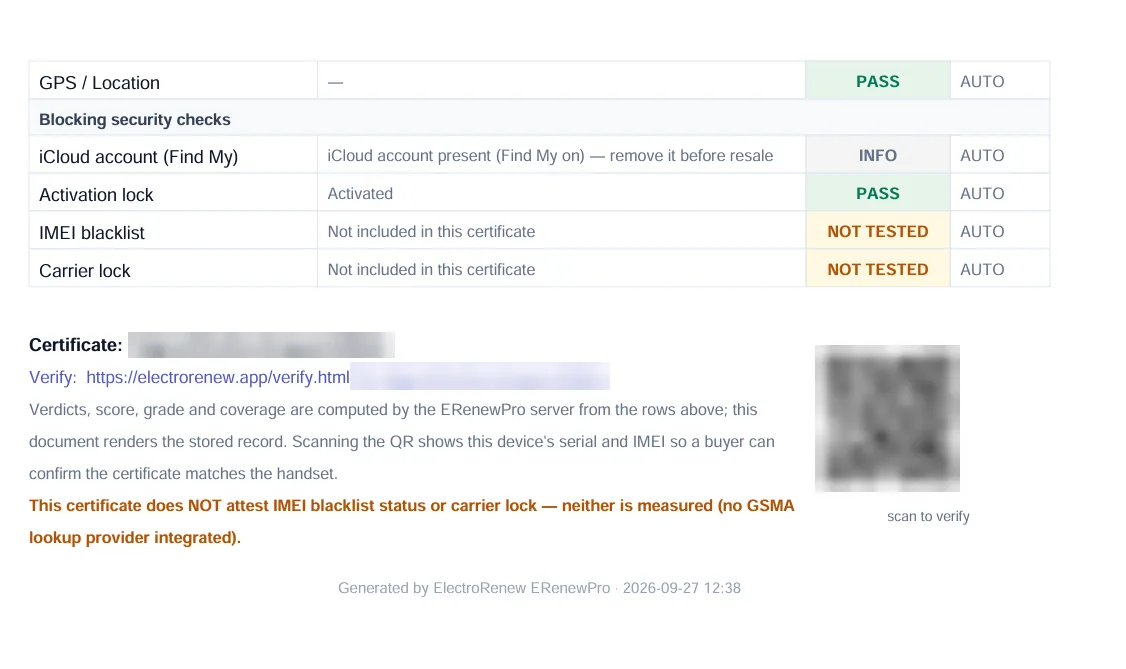 Verification — A QR code buyers scan to check the report online.